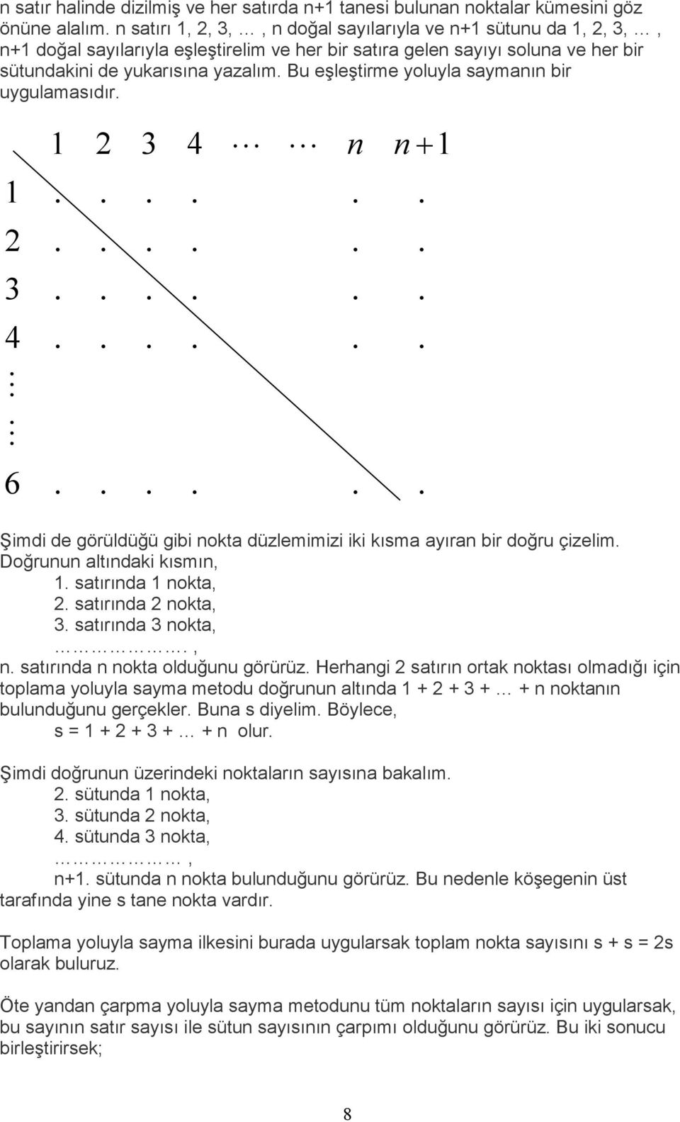 Bu eşleştirme yoluyla saymanın bir uygulamasıdır. 1 2 3 4 n n+ 1 1...... 2...... 3...... 4...... 6...... Şimdi de görüldüğü gibi nokta düzlemimizi iki kısma ayıran bir doğru çizelim.