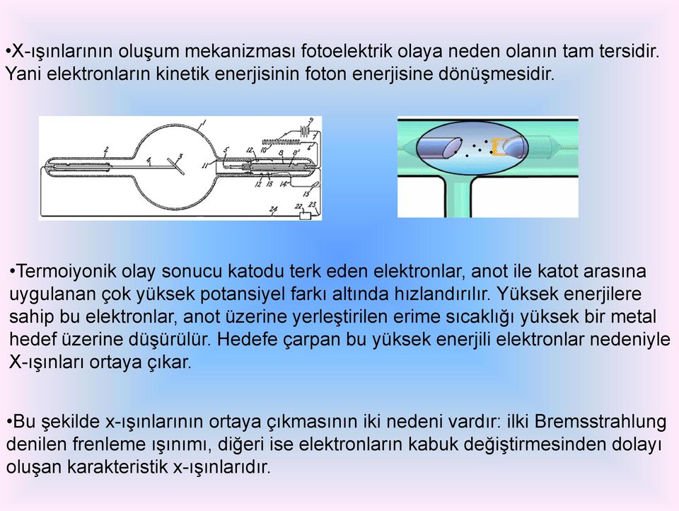 Yüksek enerjilere sahip bu elektronlar, anot üzerine yerleştirilen erime sıcaklığı yüksek bir metal hedef üzerine düşürülür.