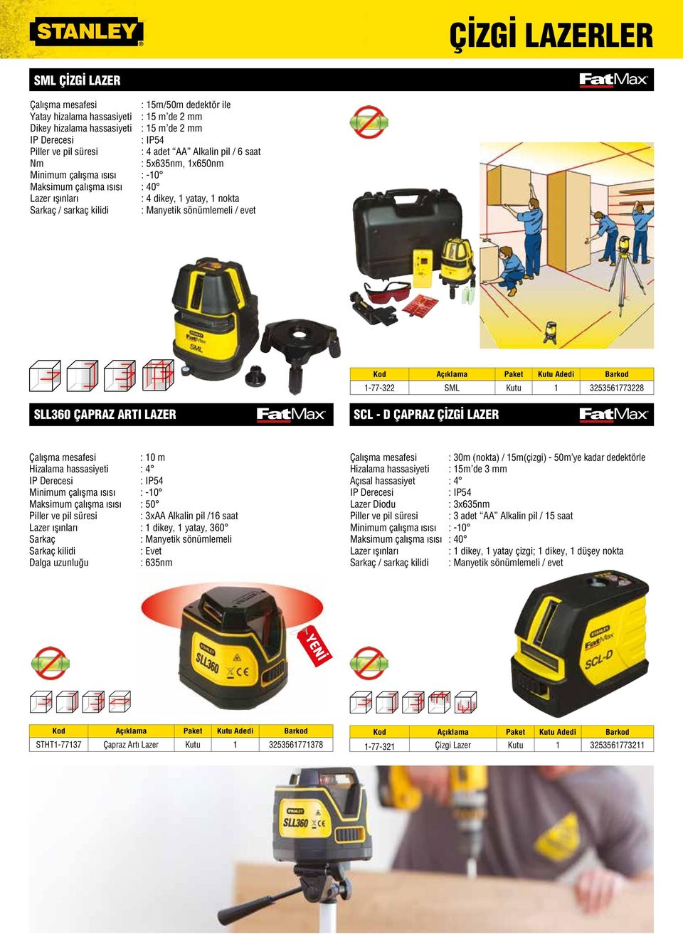 SCL - D ÇAPRAZ ÇİZGİ LAZER Çalışma mesafesi : 10 m Hizalama hassasiyeti : 4 : IP54 Maksimum çalışma ısısı : 50 ve pil süresi : 3xAA Alkalin pil /16 saat : 1 dikey, 1 yatay, 360 Sarkaç : Manyetik