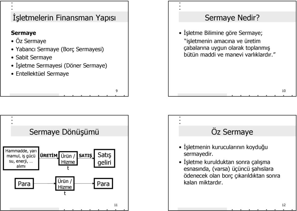 9 10 Sermaye Dönüşümü Öz Sermaye Hammadde, yarı mamul, iş gücü su, enerji, alımı Para ÜRETİM Ürün / Hizme t Ürün / Hizme t SATIŞ Satış geliri Para