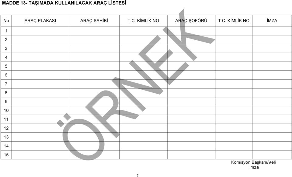 KİMLİK NO ARAÇ ŞOFÖRÜ T.C.