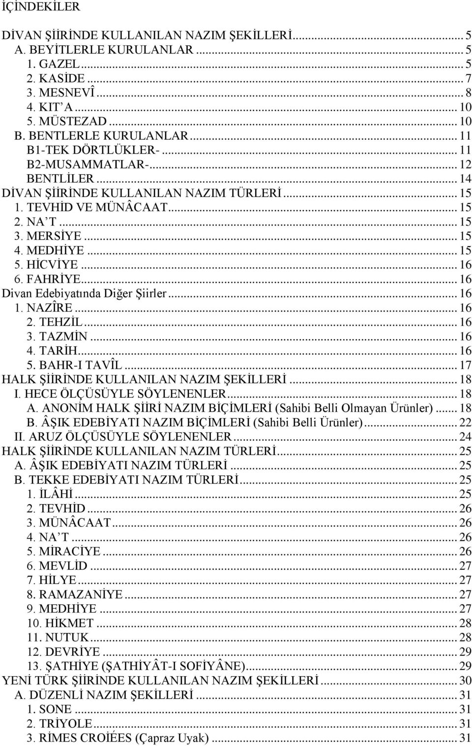 HİCVİYE... 16 6. FAHRİYE... 16 Divan Edebiyatında Diğer Şiirler... 16 1. NAZÎRE... 16 2. TEHZİL... 16 3. TAZMİN... 16 4. TARİH... 16 5. BAHR-I TAVÎL... 17 HALK ŞİİRİNDE KULLANILAN NAZIM ŞEKİLLERİ.