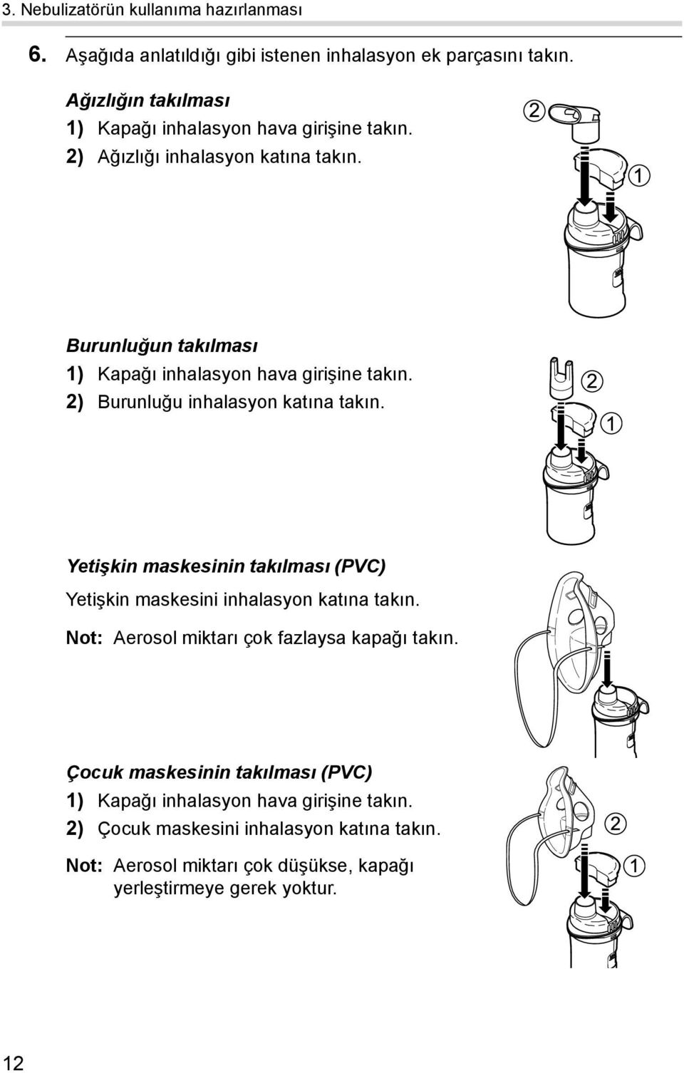 Burunluğun takılması 1) Kapağı inhalasyon hava girişine takın. 2) Burunluğu inhalasyon katına takın.
