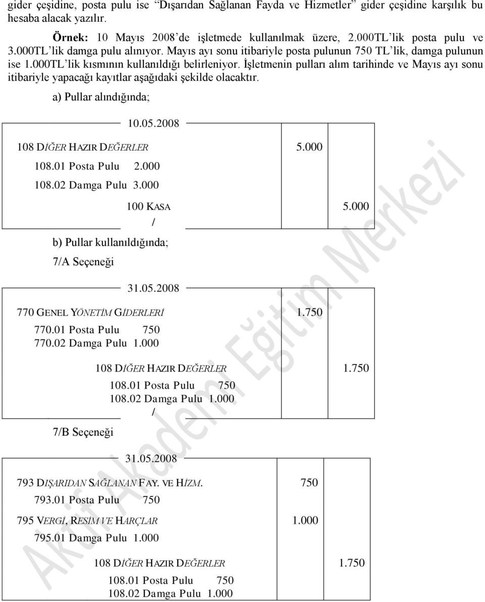 İşletmenin pulları alım tarihinde ve Mayıs ayı sonu itibariyle yapacağı kayıtlar aşağıdaki şekilde olacaktır. a) Pullar alındığında; 10.05.2008 108 DİĞER HAZIR DEĞERLER 5.000 108.01 Posta Pulu 2.