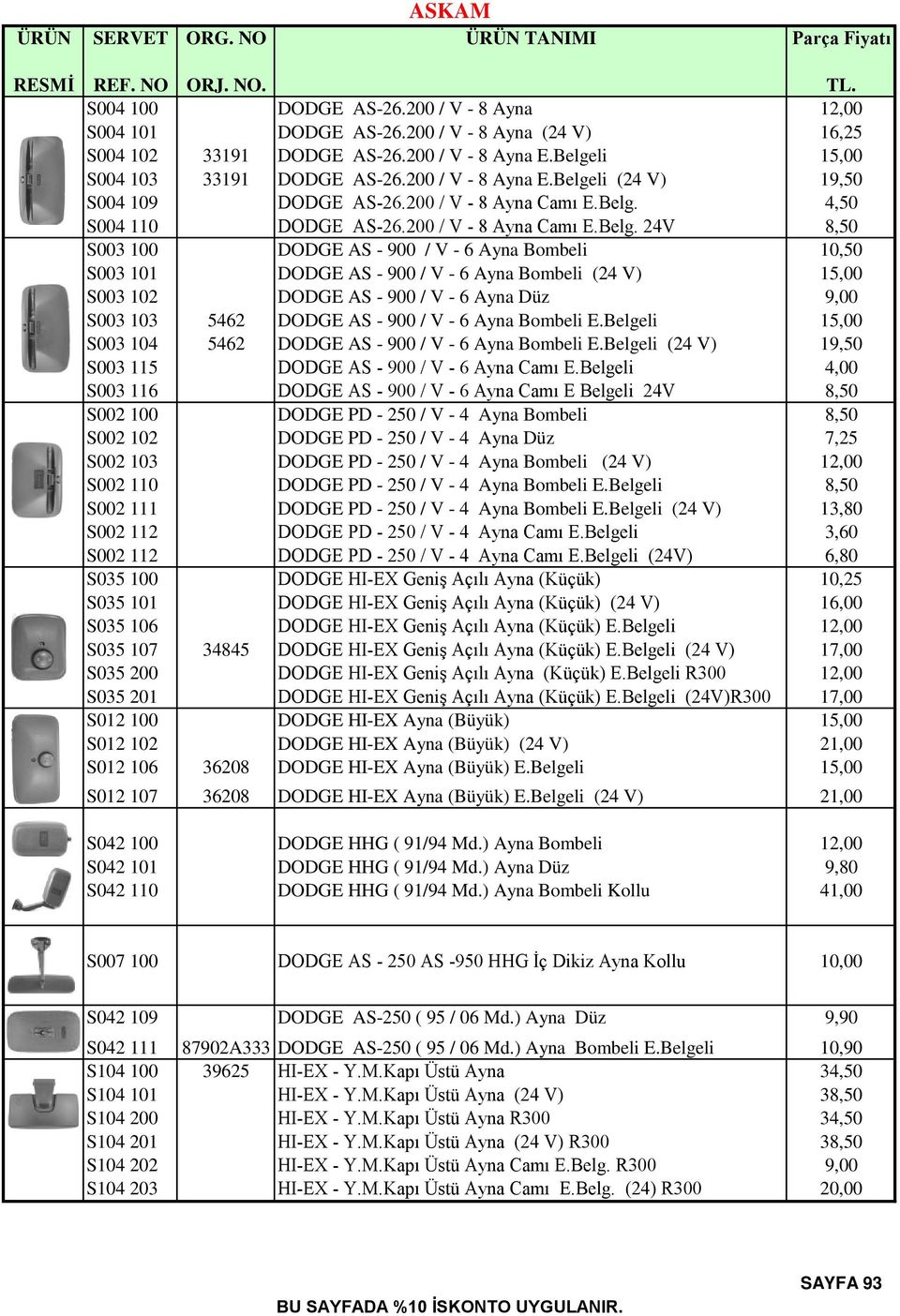 li (24 V) 19,50 S004 109 DODGE AS-26.200 / V - 8 Ayna Camı E.Belg.