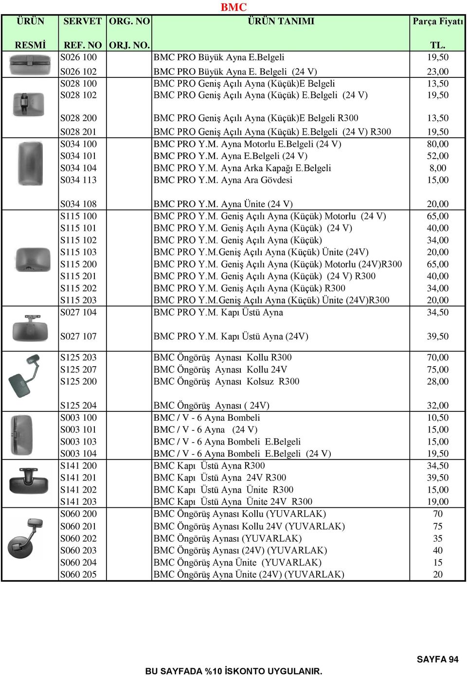 Belgeli (24 V) 19,50 S028 200 BMC PRO Geniş Açılı Ayna (Küçük)E Belgeli R300 13,50 S028 201 BMC PRO Geniş Açılı Ayna (Küçük) E.Belgeli (24 V) R300 19,50 S034 100 BMC PRO Y.M. Ayna Motorlu E.