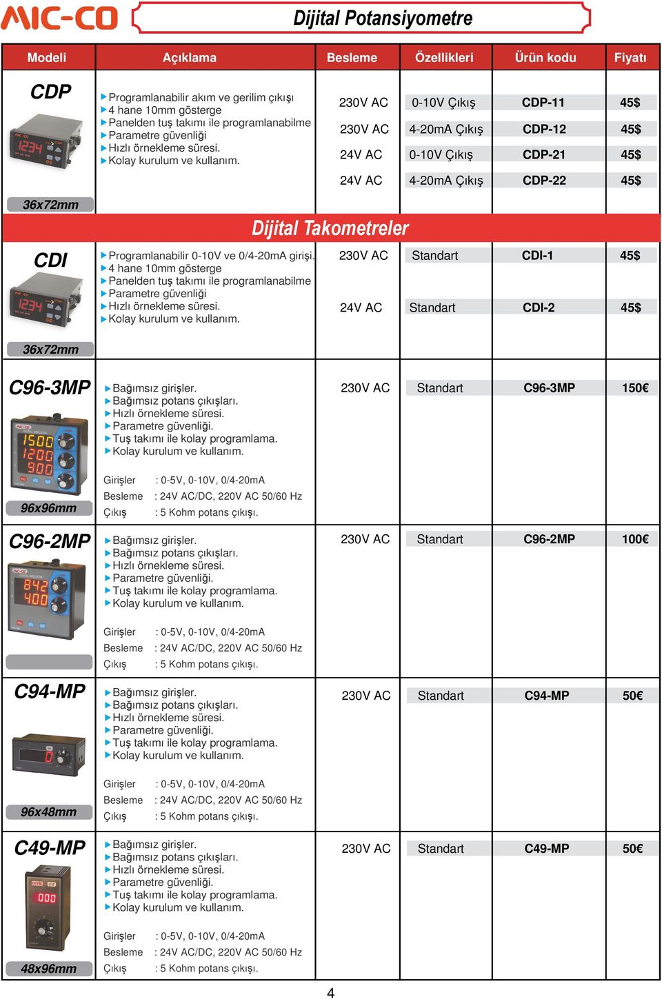 4 hane 10mm gösterge Panelden tuş takımı ile programlanabilme Parametre güvenliği Dijital Takometreler 230V AC Standart CDI-1 45$ 24V AC Standart CDI-2 45$ 36x72mm C96-3MP Bağımsız girişler.