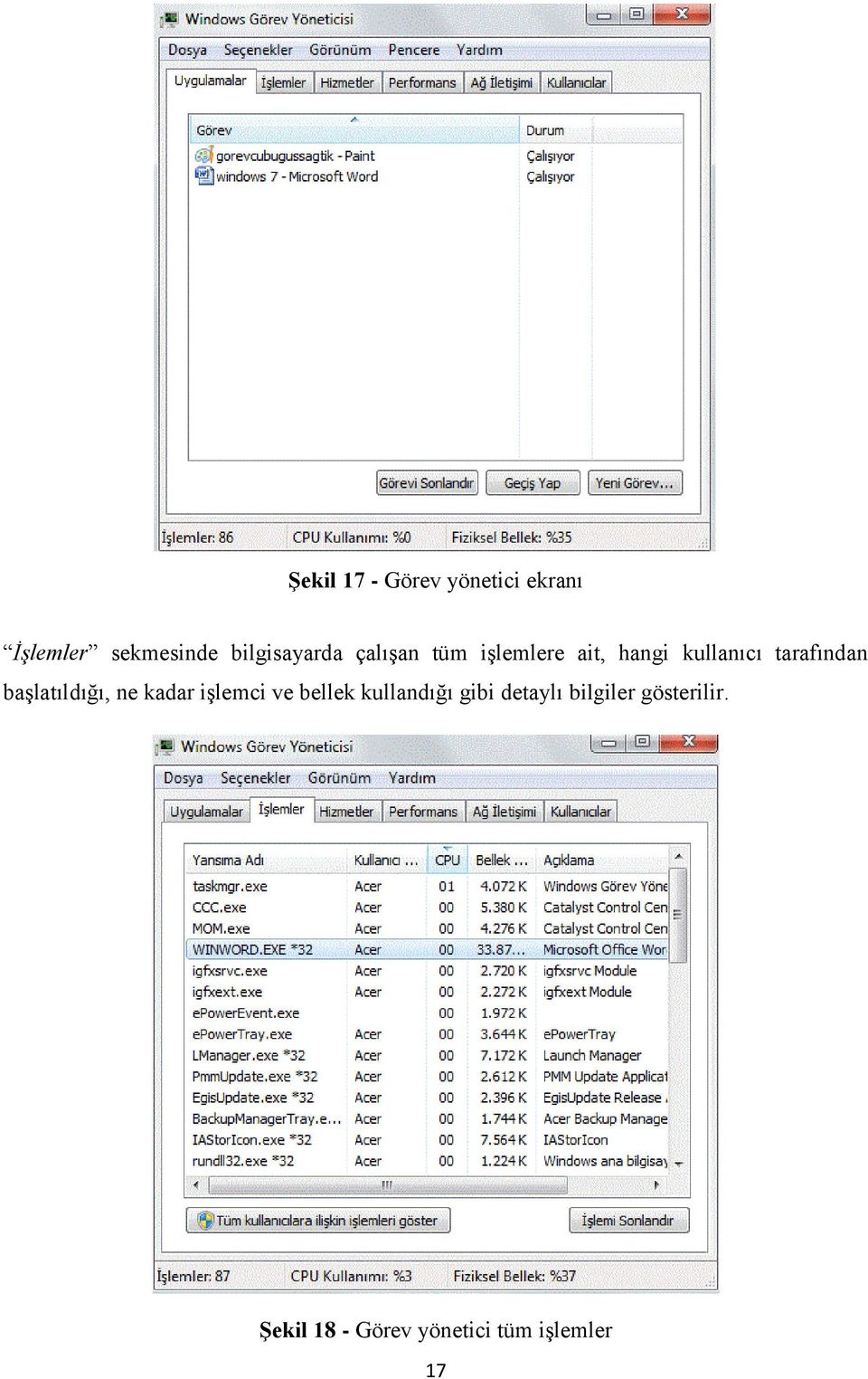 tarafından başlatıldığı, ne kadar işlemci ve bellek