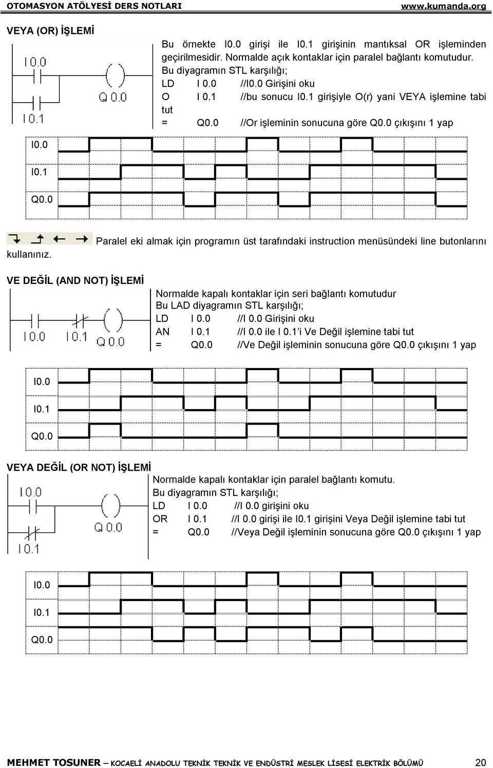 Paralel eki almak için programın üst tarafındaki instruction menüsündeki line butonlarını VE DEĞİL (AND NOT) İŞLEMİ Normalde kapalı kontaklar için seri bağlantı komutudur Bu LAD diyagramın STL