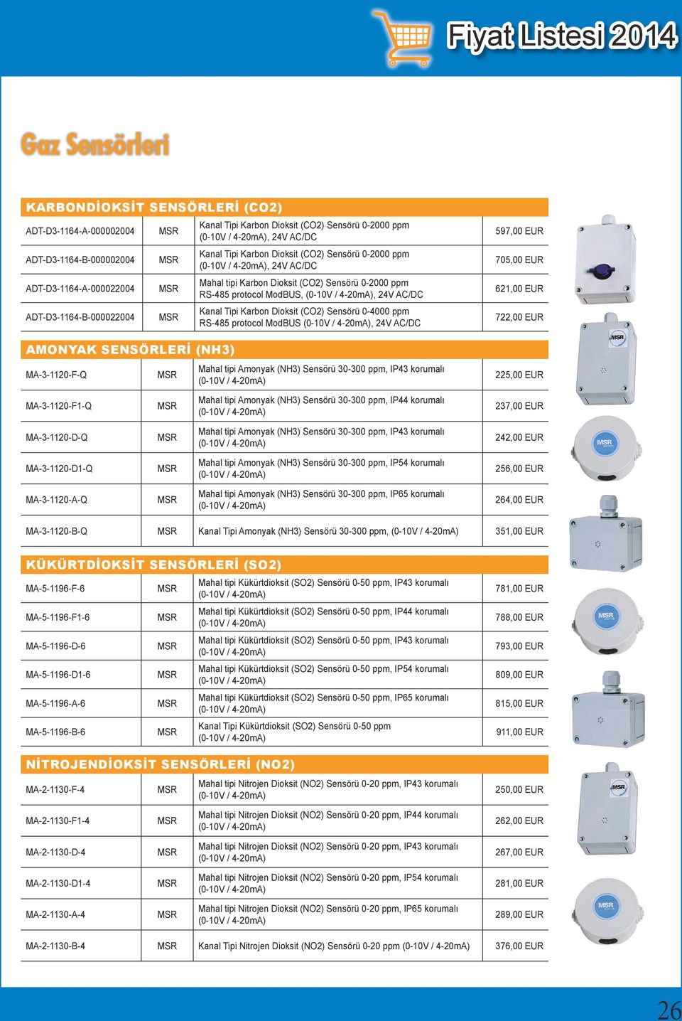 24V AC/DC Kanal Tipi Karbon Dioksit (CO2) Sensörü 0-4000 ppm RS-485 protocol ModBUS, 24V AC/DC Mahal tipi Amonyak (NH3) Sensörü 30-300 ppm, IP43 korumalı 597,00 EUR 705,00 EUR 621,00 EUR 722,00 EUR