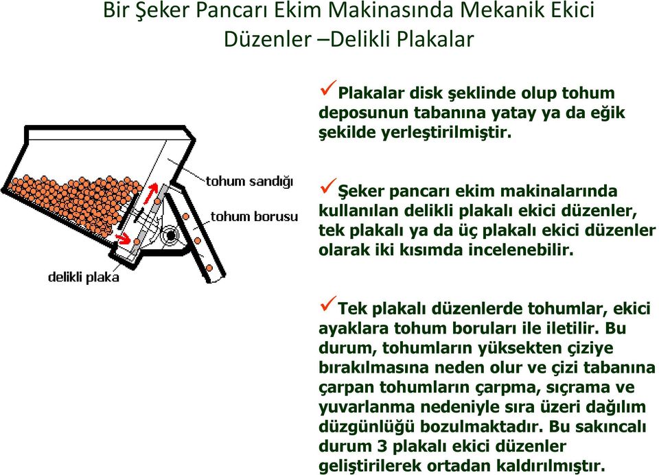 Şeker pancarı ekim makinalarında kullanılan delikli plakalı ekici düzenler, tek plakalı ya da üç plakalı ekici düzenler olarak iki kısımda incelenebilir.