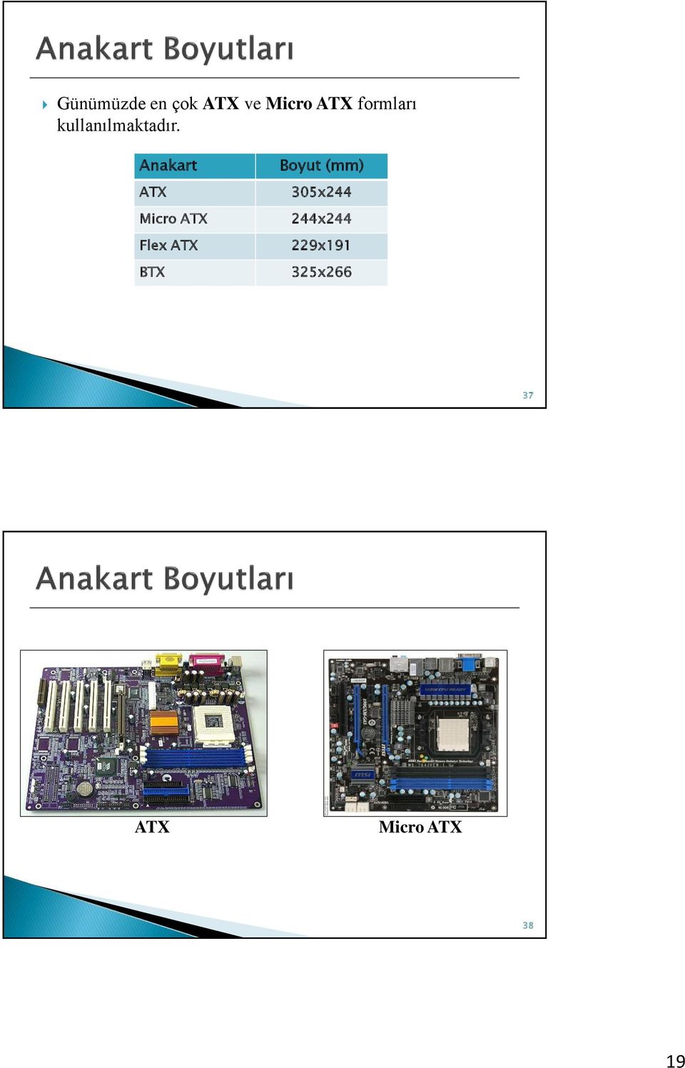 Anakart ATX Micro ATX Flex ATX BTX Boyut