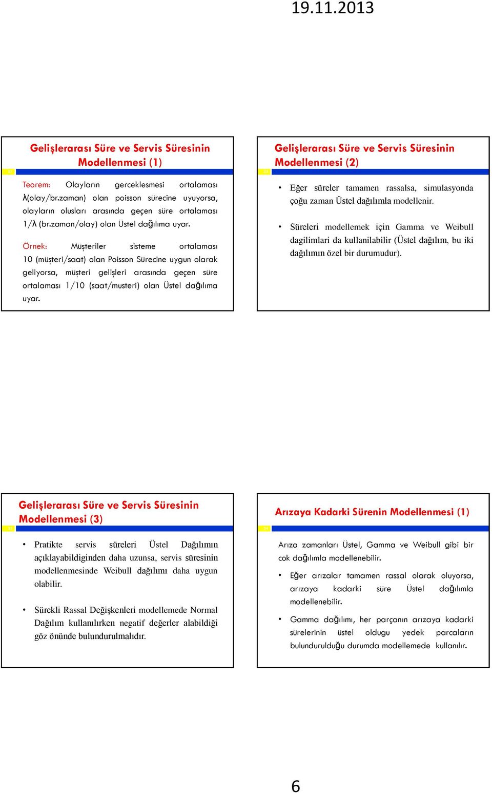 Örnek: Müşteriler sisteme ortalaması 0 (müşteri/saat) olan Poisson Sürecine uygun olarak geliyorsa, müşteri gelişleri arasında geen süre ortalaması /0 (saat/musteri) olan Üstel dağılıma uyar.