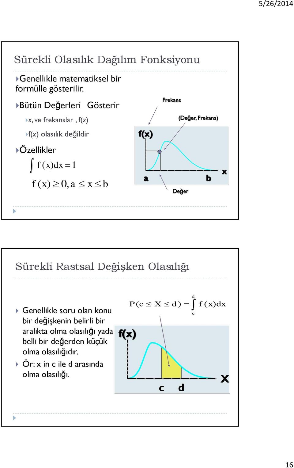 dx f ( x) 0, 1 a x b a Değer b x Sürekli Rastsal Değişken Olasılığı Genellikle soru olan konu bir değişkenin belirli