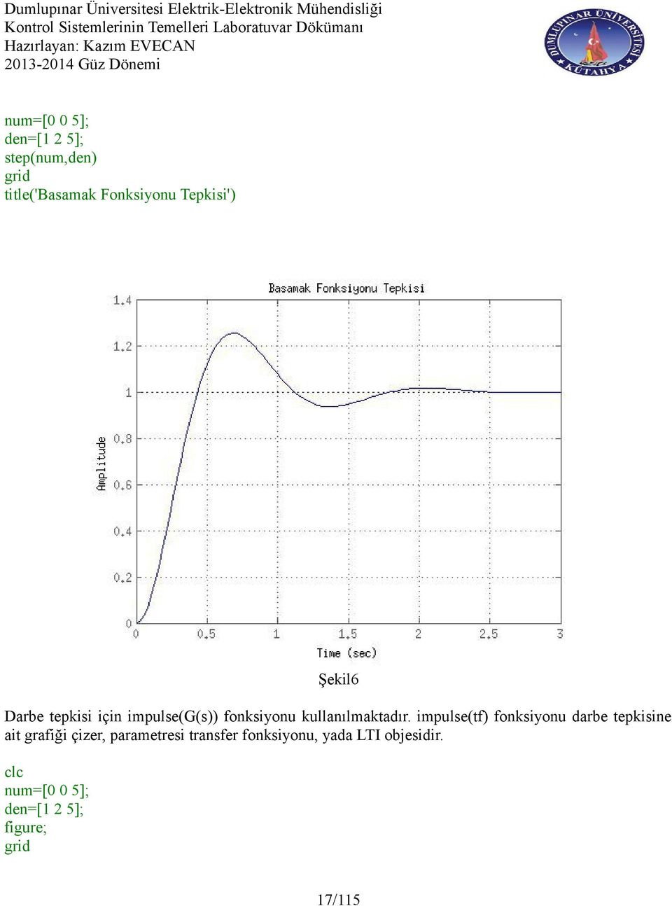 impulse(tf) fonksiyonu darbe tepkisine ait grafiği çizer, parametresi