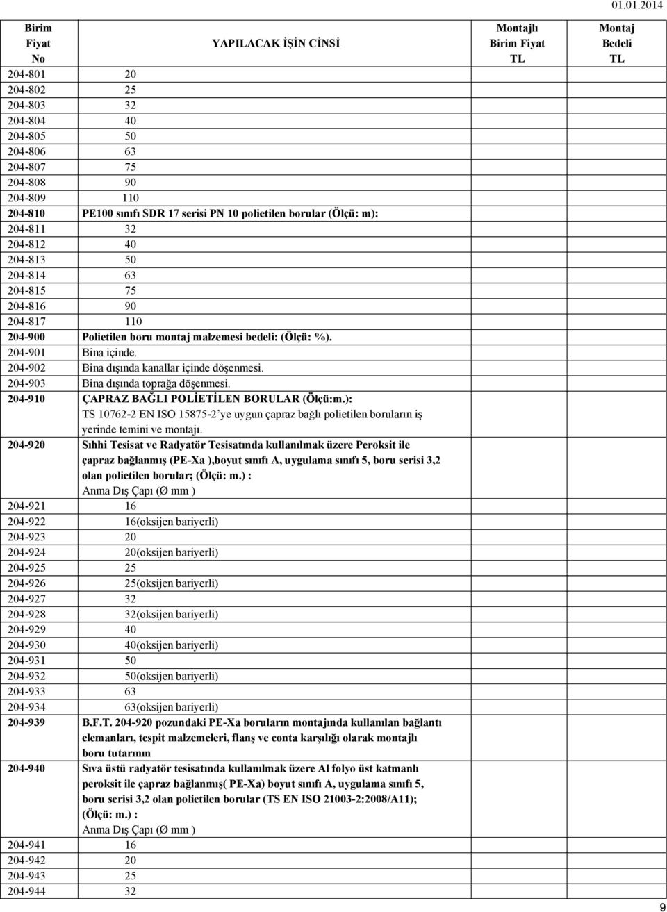 PN 10 polietilen borular (Ölçü: m): 32 40 50 63 75 90 110 Polietilen boru montaj malzemesi bedeli: (Ölçü: %). Bina içinde. Bina dışında kanallar içinde döşenmesi. Bina dışında toprağa döşenmesi.