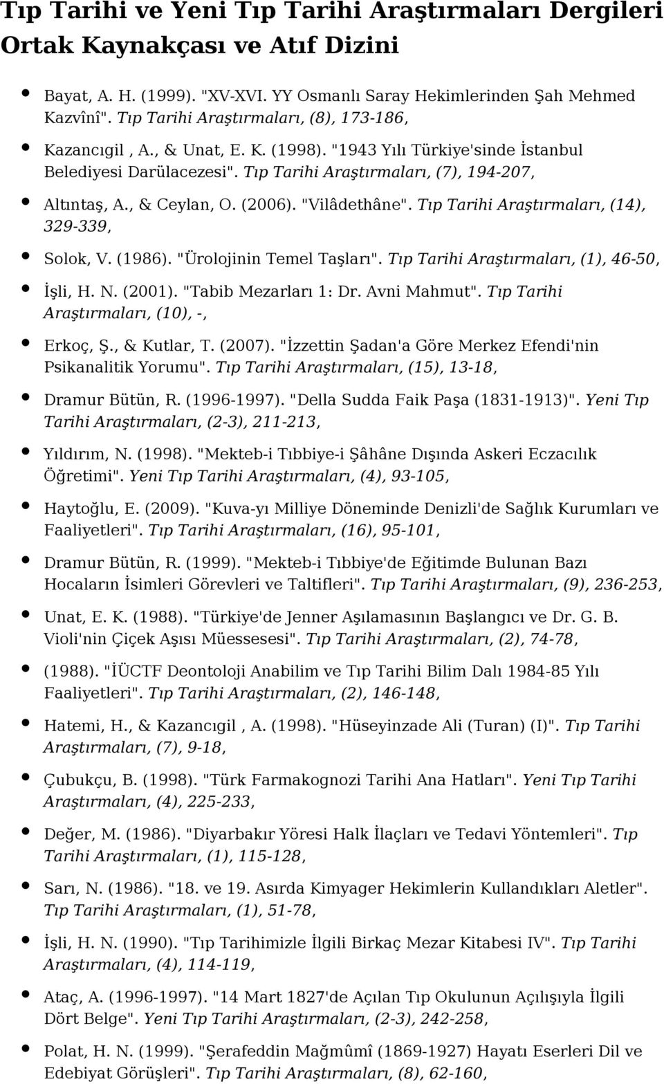 , & Ceylan, O. (2006). "Vilâdethâne". Tıp Tarihi Araştırmaları, (14), 329-339, Solok, V. (1986). "Ürolojinin Temel Taşları". Tıp Tarihi Araştırmaları, (1), 46-50, İşli, H. N. (2001).
