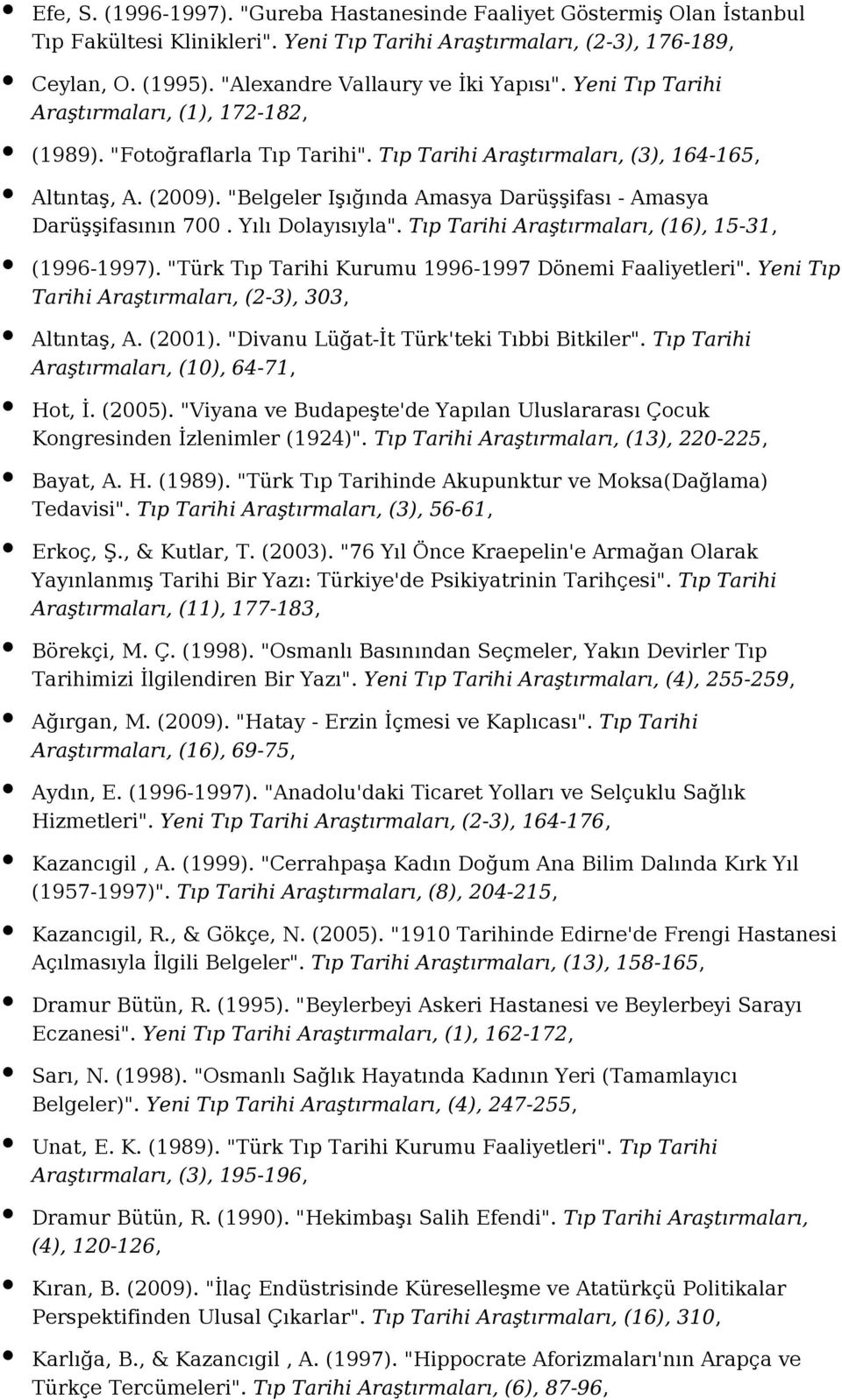 "Belgeler Işığında Amasya Darüşşifası - Amasya Darüşşifasının 700. Yılı Dolayısıyla". Tıp Tarihi Araştırmaları, (16), 15-31, (1996-1997). "Türk Tıp Tarihi Kurumu 1996-1997 Dönemi Faaliyetleri".