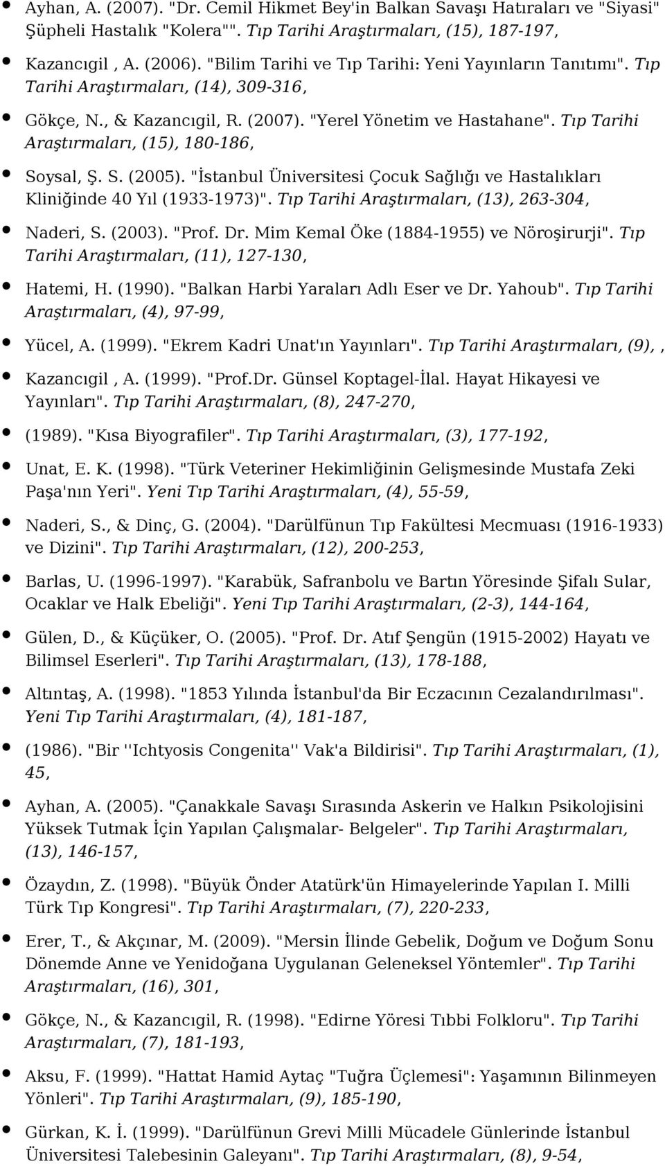 Tıp Tarihi Araştırmaları, (15), 180-186, Soysal, Ş. S. (2005). "İstanbul Üniversitesi Çocuk Sağlığı ve Hastalıkları Kliniğinde 40 Yıl (1933-1973)". Tıp Tarihi Araştırmaları, (13), 263-304, Naderi, S.