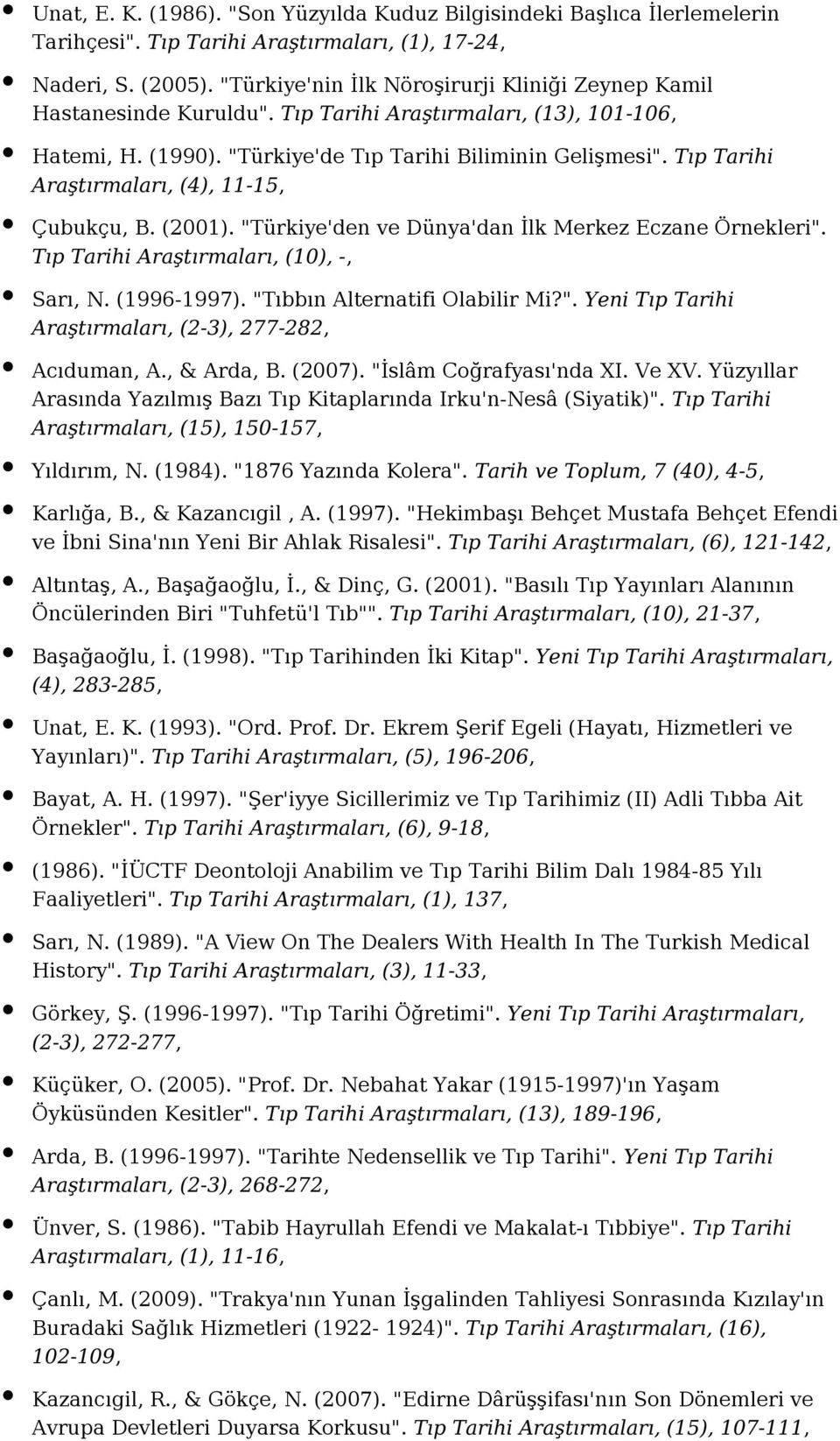 Tıp Tarihi Araştırmaları, (4), 11-15, Çubukçu, B. (2001). "Türkiye'den ve Dünya'dan İlk Merkez Eczane Örnekleri". Tıp Tarihi Araştırmaları, (10), -, Sarı, N. (1996-1997).