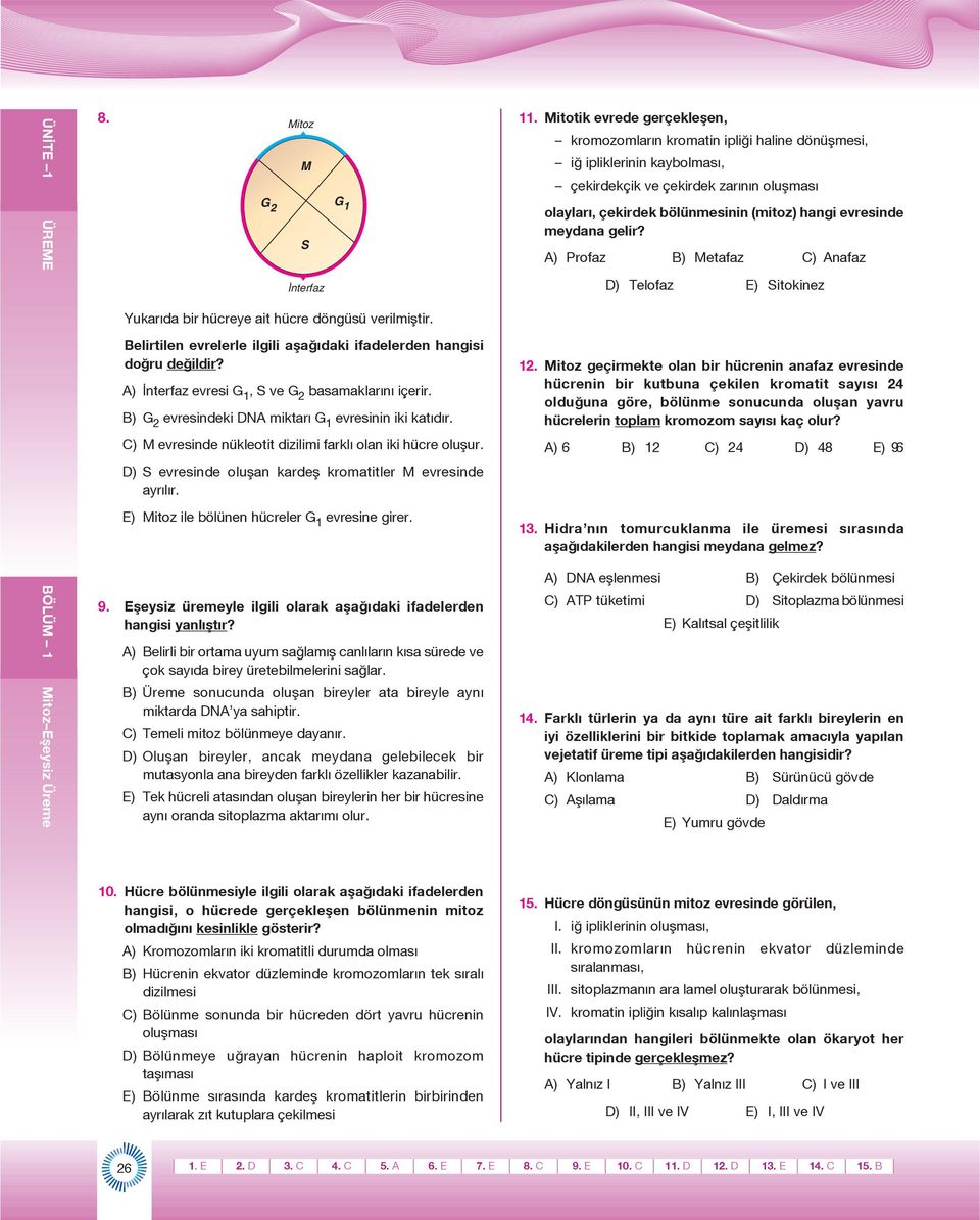 D) S evresinde oluşan kardeş kromatitler M evresinde ayrılır. E) Mitoz ile bölünen hücreler G 1 evresine girer. 9. Eşeysiz üremeyle ilgili olarak aşağıdaki ifadelerden hangisi yanlıştır?