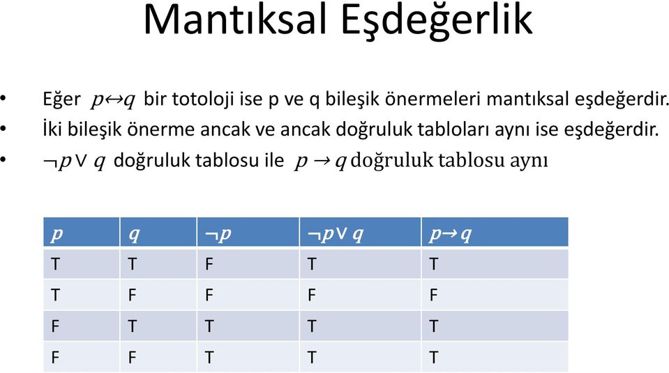 İki bileşik önerme ancak ve ancak doğruluk tabloları aynı ise