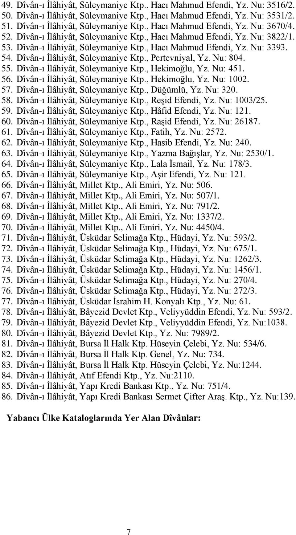 Nu: 804. 55. Dîvân-ı İlâhiyât, Süleymaniye Ktp., Hekimoğlu, Yz. Nu: 451. 56. Dîvân-ı İlâhiyât, Süleymaniye Ktp., Hekimoğlu, Yz. Nu: 1002. 57. Dîvân-ı İlâhiyât, Süleymaniye Ktp., Düğümlü, Yz. Nu: 320.