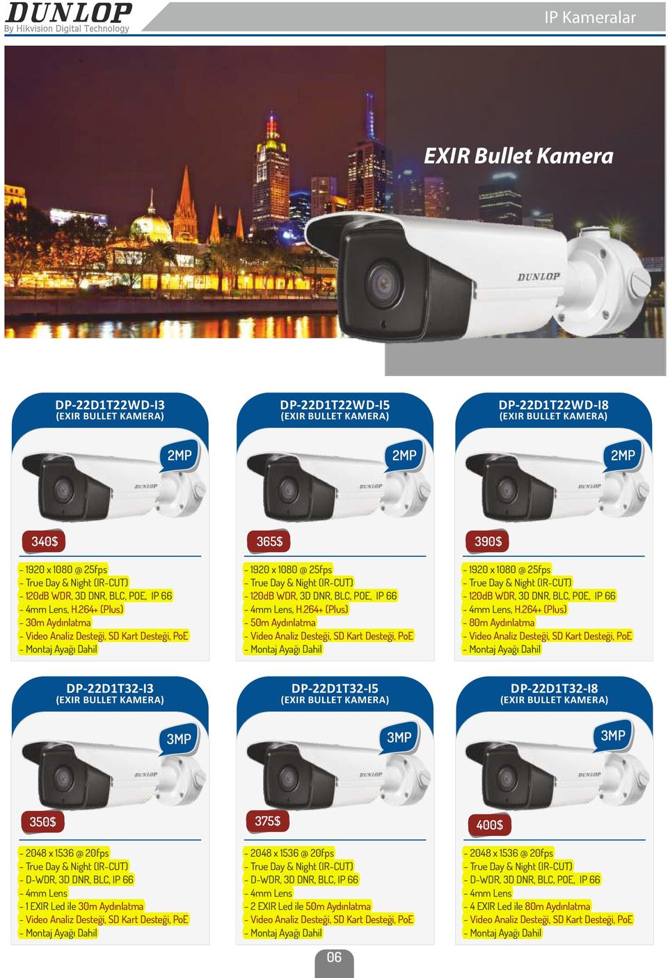 264+ (Plus) - 50m Aydınlatma - Montaj Ayağı Dahil 390$ - 1920 x 1080 @ 25fps - 120dB WDR, 3D DNR, BLC, POE, IP 66-4mm Lens, H.