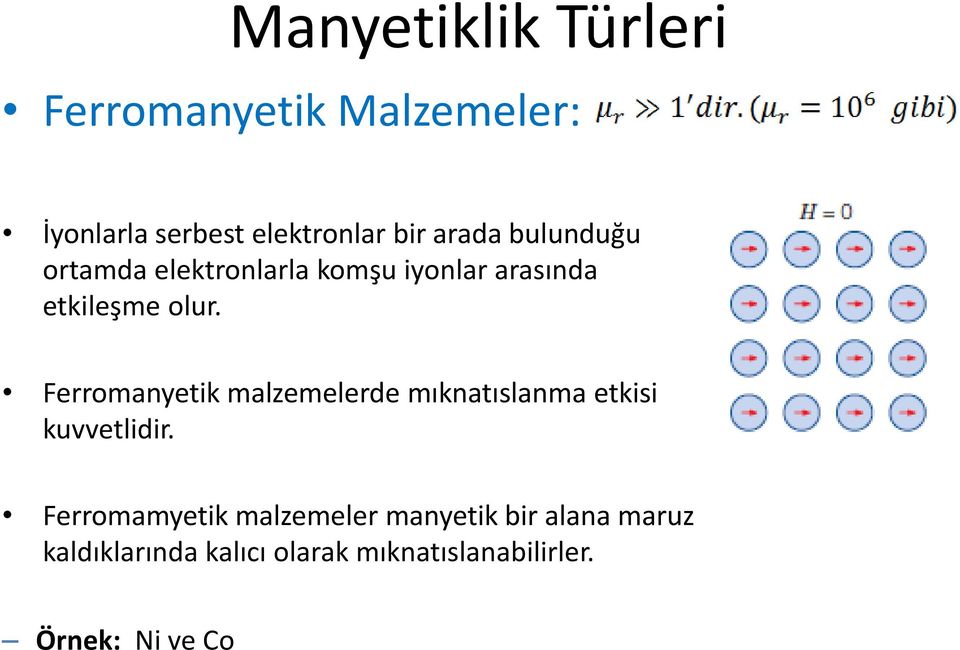 Ferromanyetik malzemelerde mıknatıslanma etkisi kuvvetlidir.