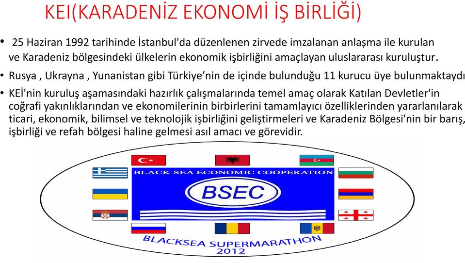 Rusya, Ukrayna, Yunanistan gibi Türkiye nin de içinde bulunduğu 11 kurucu üye bulunmaktaydı KEİ'nin kuruluş aşamasındaki hazırlık çalışmalarında temel amaç olarak