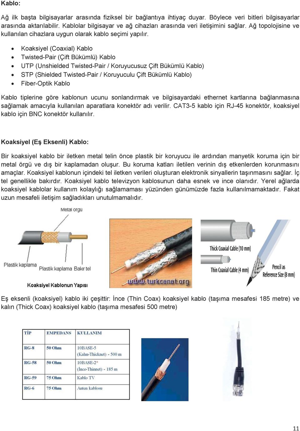 Koaksiyel (Coaxial) Kablo Twisted-Pair (Çift Bükümlü) Kablo UTP (Unshielded Twisted-Pair / Koruyucusuz Çift Bükümlü Kablo) STP (Shielded Twisted-Pair / Koruyuculu Çift Bükümlü Kablo) Fiber-Optik