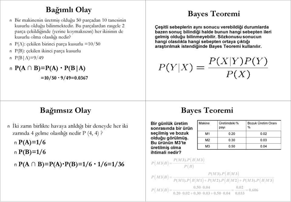 P(A): çekilen birinci parça kusurlu =10/50 P(B): çekilen ikinci parça kusurlu P(B A)=9/49 P(A B)=P(A). P(B A) =10/50. 9/49=0.