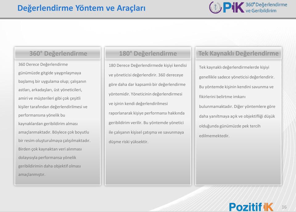 Böylece çok boyutlu bir resim oluşturulmaya çalışılmaktadır. Birden çok kaynaktan veri alınması dolayısıyla performansa yönelik geribildirimin daha objektif olması amaçlanmıştır.