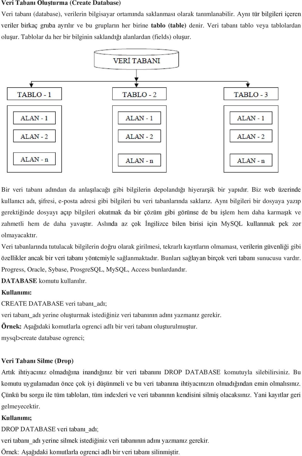 Tablolar da her bir bilginin saklandığı alanlardan (fields) oluşur. Bir veri tabanı adından da anlaşılacağı gibi bilgilerin depolandığı hiyerarşik bir yapıdır.