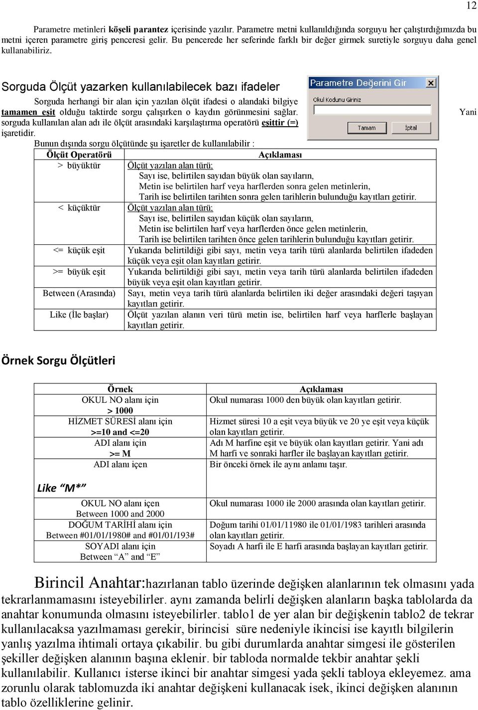 12 Sorguda Ölçüt yazarken kullanılabilecek bazı ifadeler Sorguda herhangi bir alan için yazılan ölçüt ifadesi o alandaki bilgiye tamamen eşit olduğu taktirde sorgu çalışırken o kaydın görünmesini