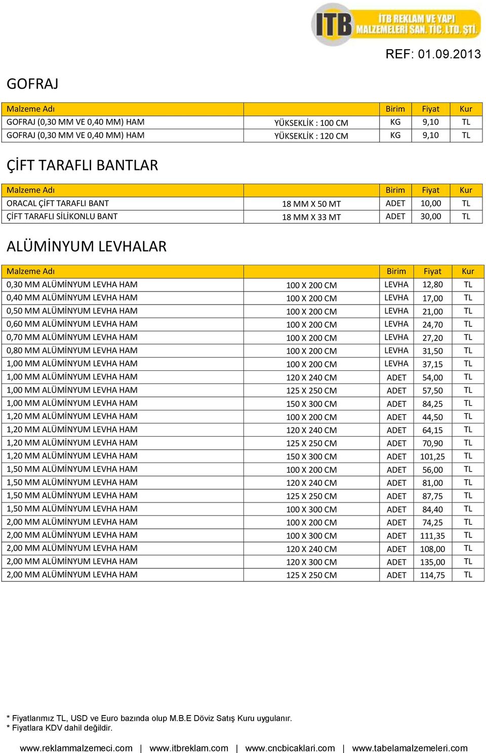 0,50 MM ALÜMİNYUM LEVHA HAM 100 X 200 CM LEVHA 21,00 TL 0,60 MM ALÜMİNYUM LEVHA HAM 100 X 200 CM LEVHA 24,70 TL 0,70 MM ALÜMİNYUM LEVHA HAM 100 X 200 CM LEVHA 27,20 TL 0,80 MM ALÜMİNYUM LEVHA HAM 100