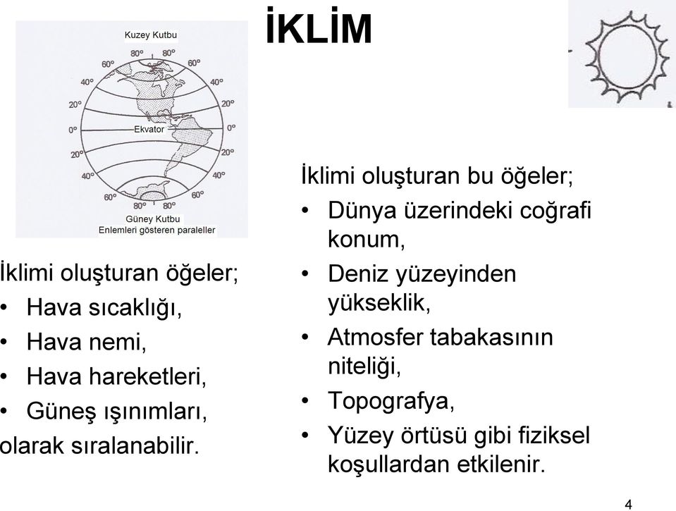 İklimi oluşturan bu öğeler; Dünya üzerindeki coğrafi konum, Deniz