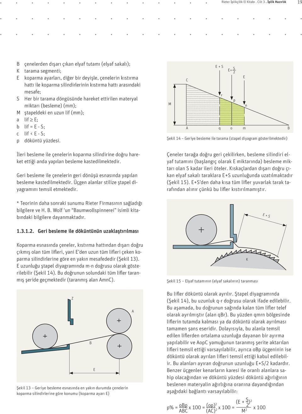 arasındaki mesafe; S Her bir tarama döngüsünde hareket ettirilen materyal miktarı (besleme) (mm); M ştapeldeki en uzun lif (mm); a lif E; b lif = E - S; c lif < E - S; p döküntü yüzdesi.