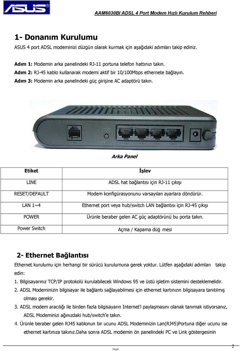 Arka Panel Etiket LINE RESET/DEFAULT LAN 1~4 POWER Power Switch İşlev ADSL hat bağlantısı için RJ-11 çıkışı Modem konfigürasyonunu varsayılan ayarlara döndürür.