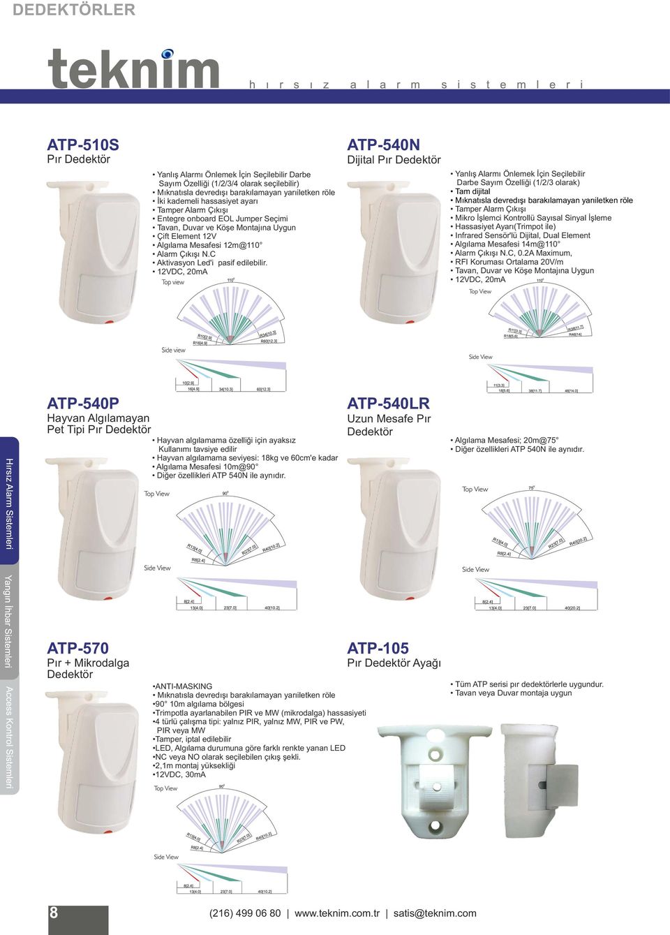 12VDC, 20mA ATP-540N Dijital Pır Dedektör Yanlış Alarmı Önlemek İçin Seçilebilir Darbe Sayım Özelliği (1/2/3 olarak) Tam dijital Mıknatısla devredışı barakılamayan yarıiletken röle Tamper Alarm