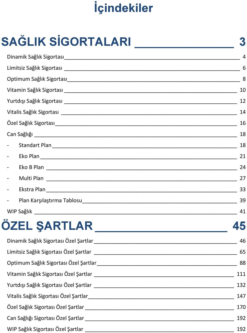 ŞARTLAR 45 Dinamik Sağlık Sigortası Özel Şartlar 46 Limitsiz Sağlık Sigortası Özel Şartlar 65 Optimum Sağlık Sigortası Özel Şartlar 88 Vitamin Sağlık Sigortası Özel Şartlar 111 Yurtdışı