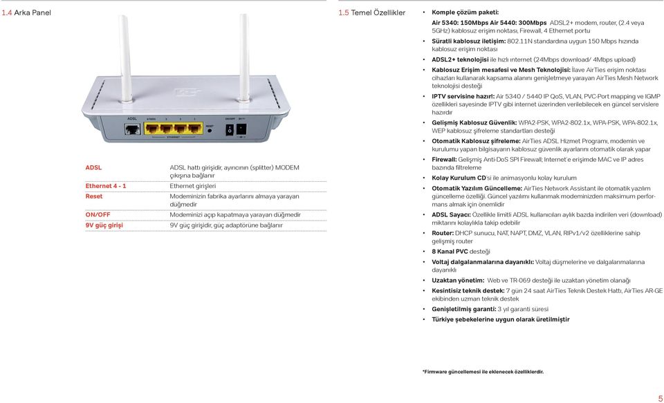 4 veya 5GHz) kablosuz erişim noktası, Firewall, 4 Ethernet portu Süratli kablosuz iletişim: 802.