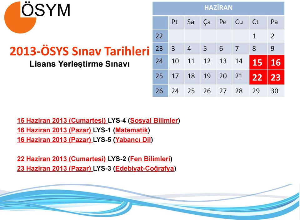 LYS-4 (Sosyal Bilimler) 16 Haziran 2013 (Pazar) LYS-1 (Matematik) 16 Haziran 2013 (Pazar) LYS-5