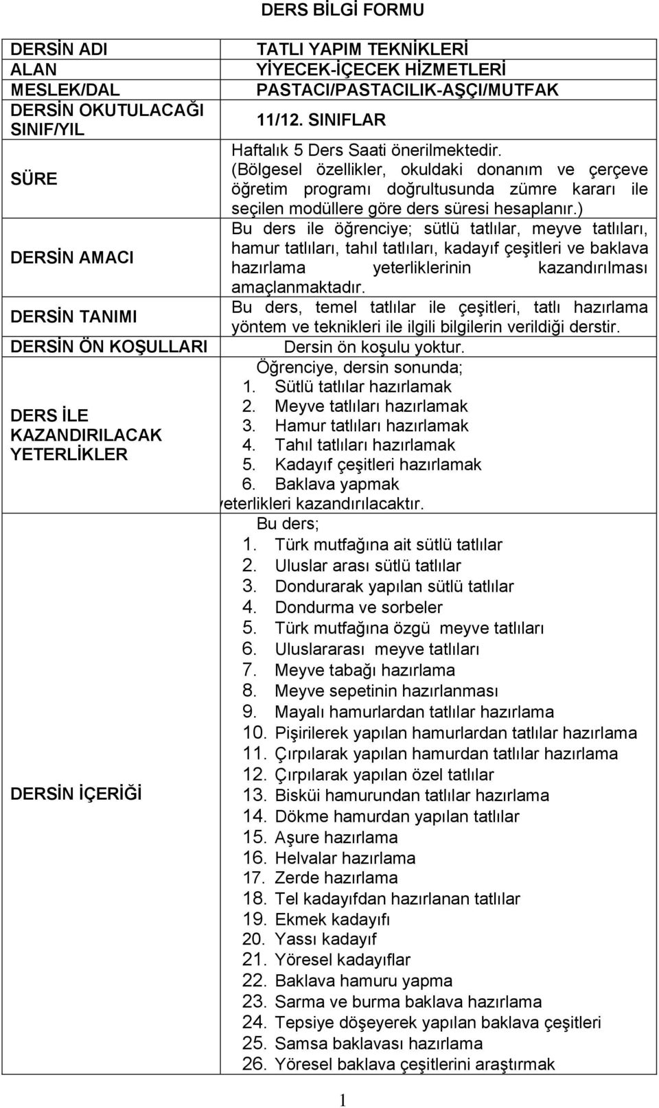 (Bölgesel özellikler, okuldaki donanım ve çerçeve öğretim programı doğrultusunda zümre kararı ile seçilen modüllere göre ders süresi hesaplanır.