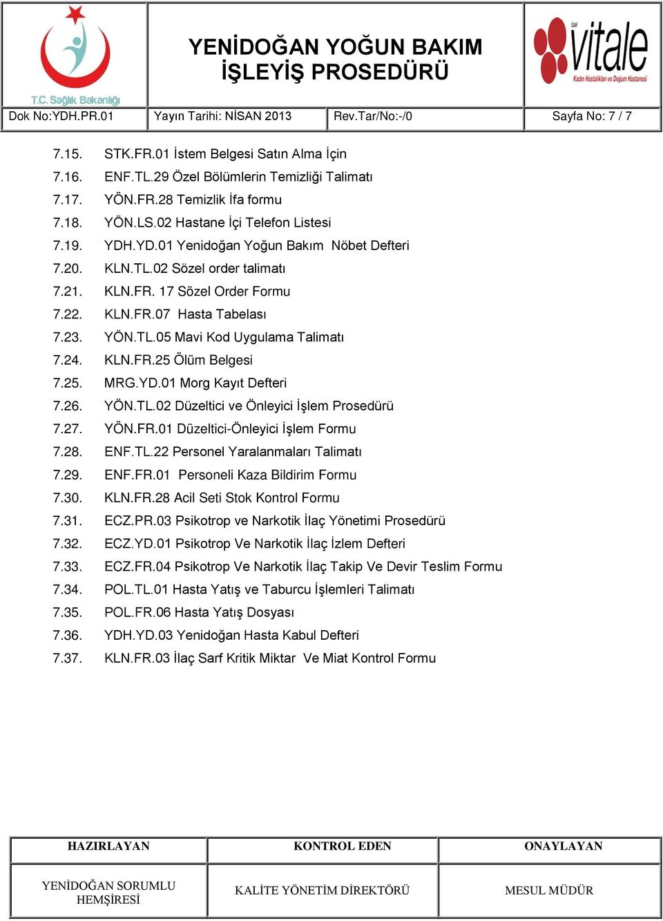 23. YÖN.TL.05 Mavi Kod Uygulama Talimatı 7.24. KLN.FR.25 Ölüm Belgesi 7.25. MRG.YD.01 Morg Kayıt Defteri 7.26. YÖN.TL.02 Düzeltici ve Önleyici İşlem Prosedürü 7.27. YÖN.FR.01 Düzeltici-Önleyici İşlem Formu 7.