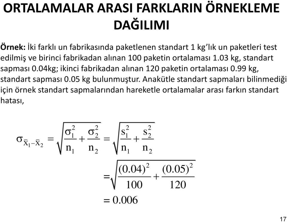 04kg; ikici fabrikada alıa 0 paketi ortalaması 0.99 kg, stadart sapması 0.05 kg bulumuştur.