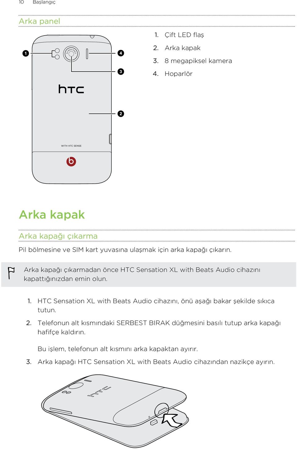 Arka kapağı çıkarmadan önce HTC Sensation XL with Beats Audio cihazını kapattığınızdan emin olun. 1.
