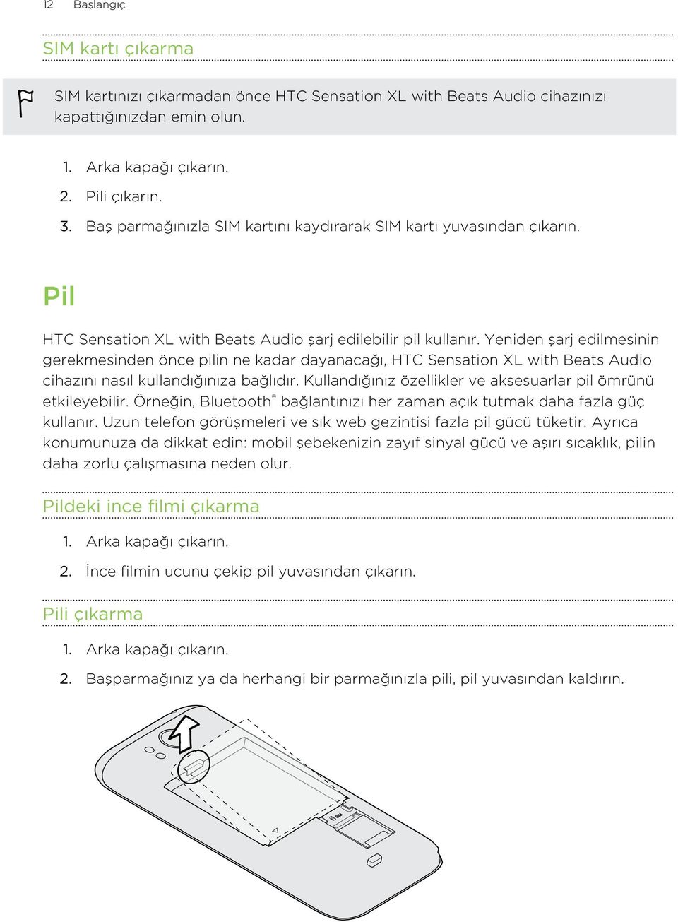 Yeniden şarj edilmesinin gerekmesinden önce pilin ne kadar dayanacağı, HTC Sensation XL with Beats Audio cihazını nasıl kullandığınıza bağlıdır.