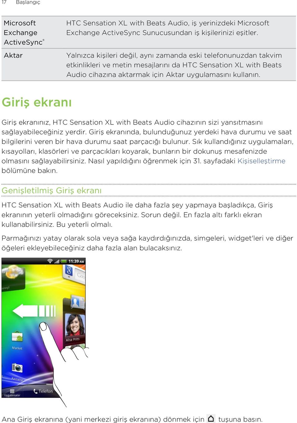 Giriş ekranı Giriş ekranınız, HTC Sensation XL with Beats Audio cihazının sizi yansıtmasını sağlayabileceğiniz yerdir.