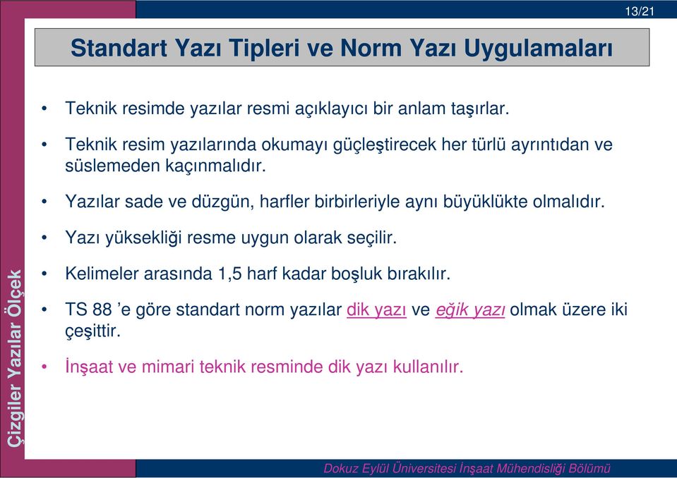 Yazılar sade ve düzgün, harfler birbirleriyle aynı büyüklükte olmalıdır. Yazı yüksekliği resme uygun olarak seçilir.